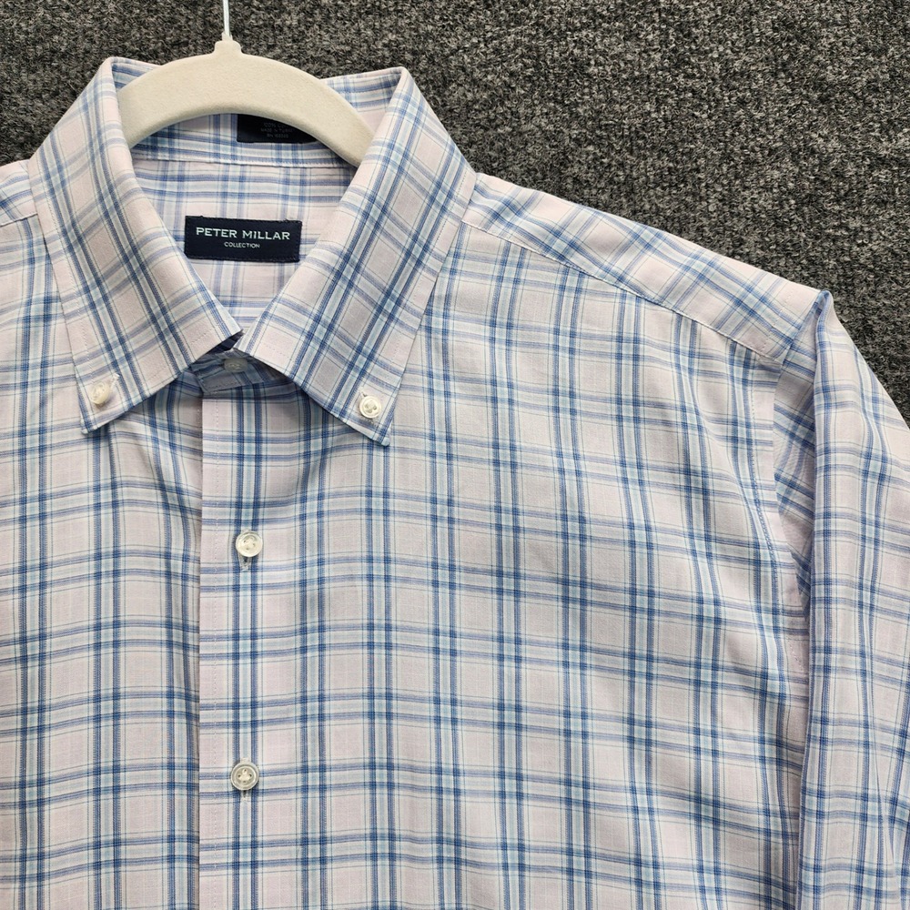 Peter Millar Collection Men's Blue White Plaid Cotton Button‎ Down Dress Shirt L